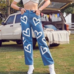 High Waisted Heart Print Jeans